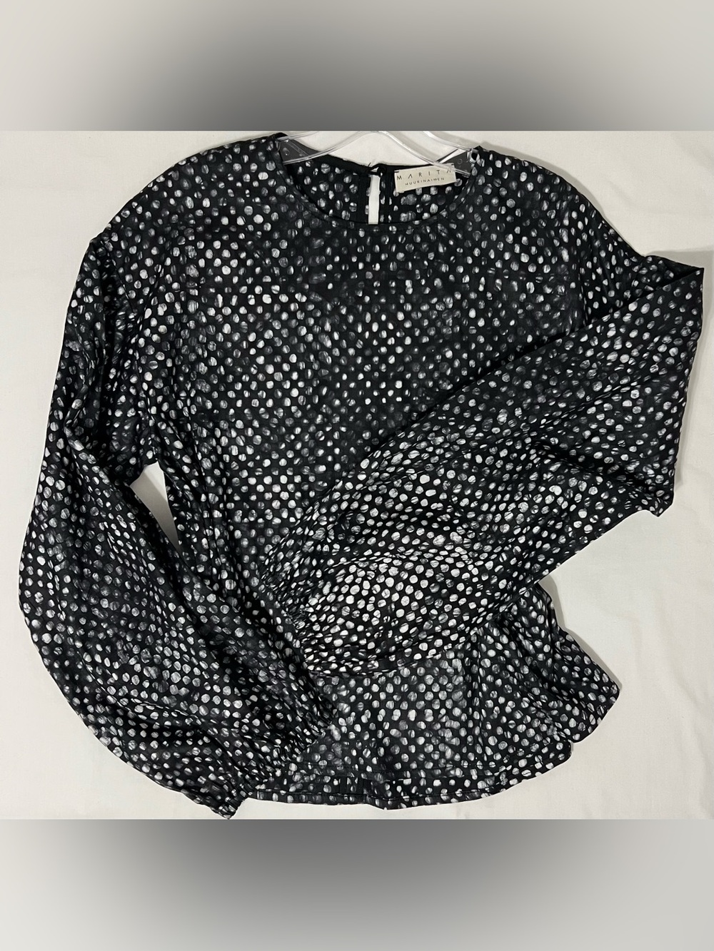 Marita Huurinainen Black White Polka Dot Cotton Blouse Balloon Sleeve Top M - Picture 4 of 7